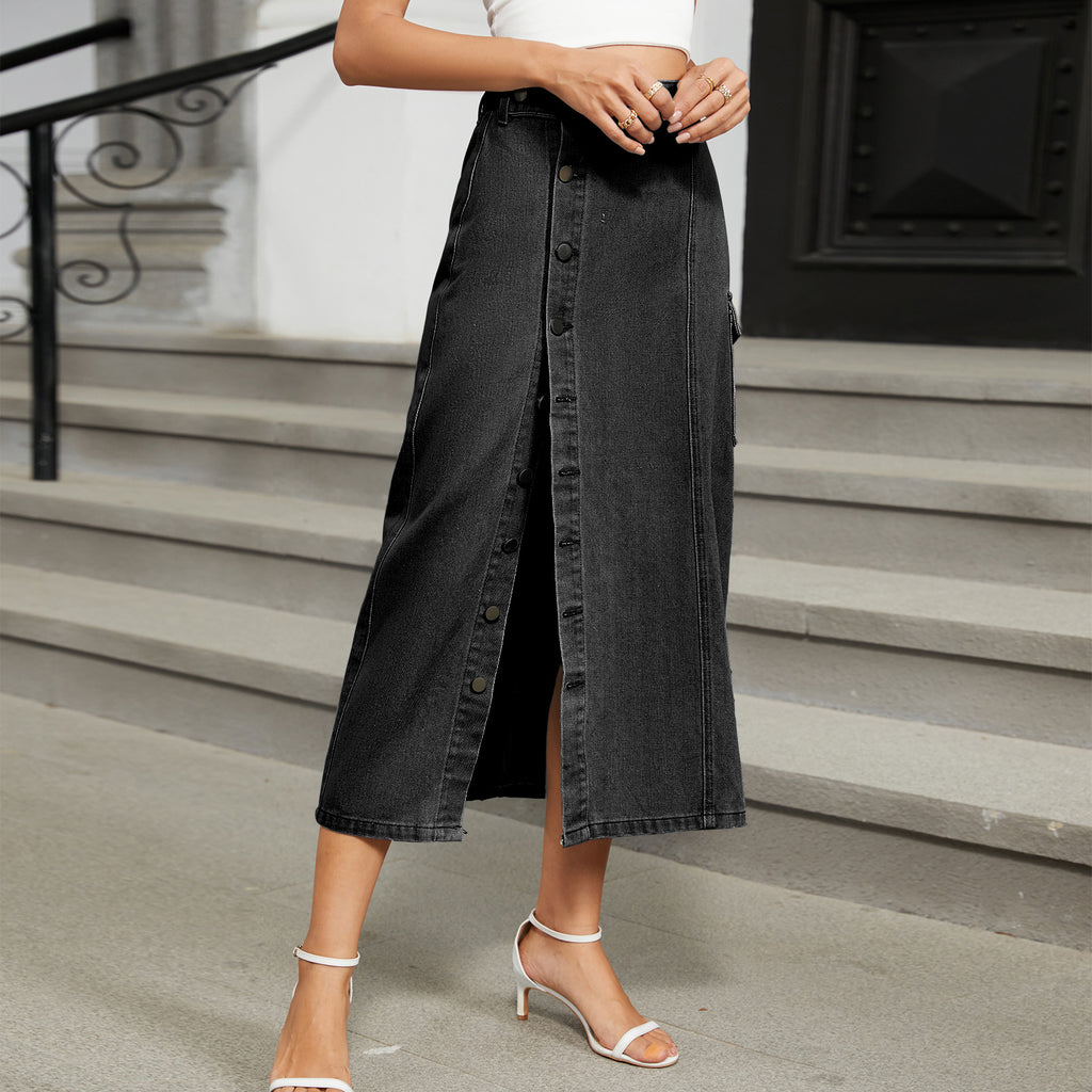 Women's Semi-Elastic Denim Workwear Skirt - Casual Utility Style for Everyday Wear