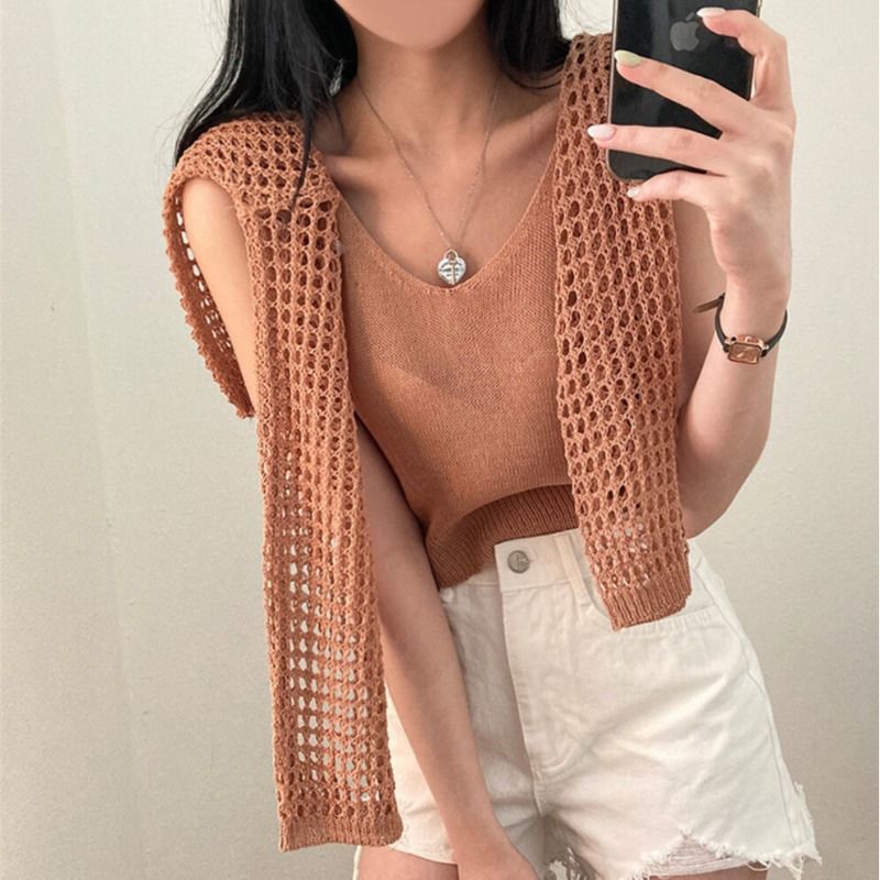 Summer 2025 Sweet & Spicy Pure Desire Style Women's Two-Piece Set - Thin Knit Sweater + Spaghetti Strap Sun-Protective Blouse