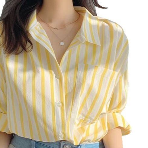 Women's Yellow and White Vertical Striped Shirt - Breezy, Bright, and Classic