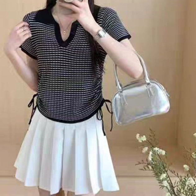 Women's Contrast Color Plaid Polo Collar Drawstring Slim Fit Short Sleeve Top