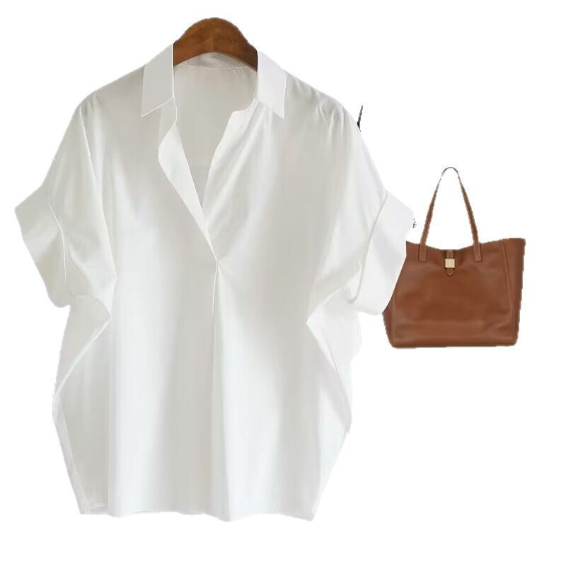 Women's White Bat Sleeve Shirt - Loose Fit Short-Sleeved Collared Top