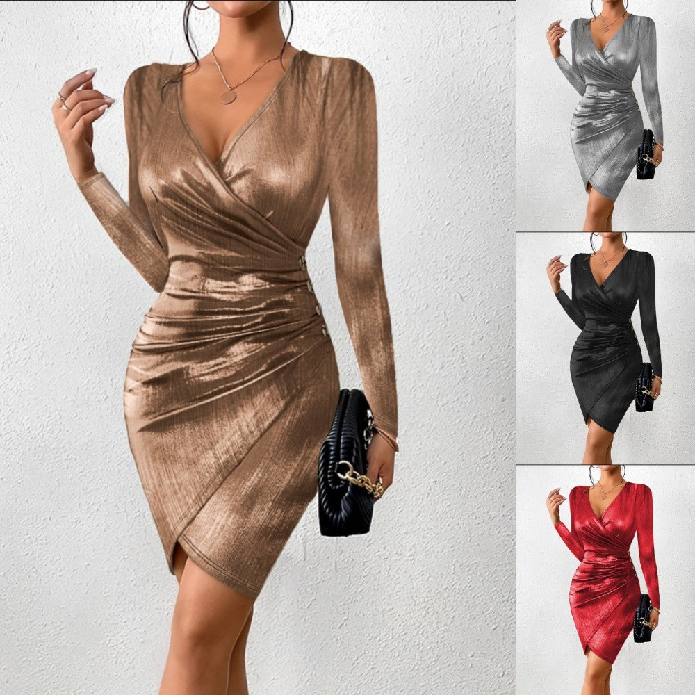 Women's Elegant Hip-Wrapped V-Neck Slit Solid Color Bodycon Dress