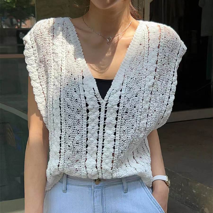 Hollow Crochet V-Neck Vest Sweater - Women's Summer 2025
