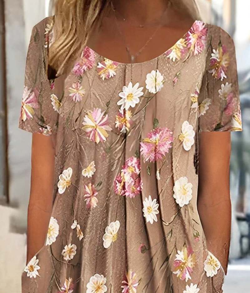 Women’s Flower Print Round Neck Short-Sleeved Pocket Dress