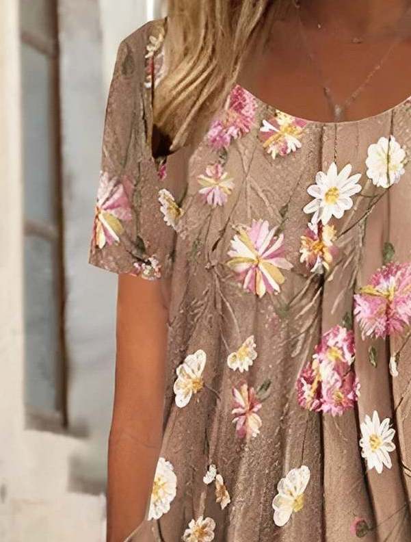 Women’s Flower Print Round Neck Short-Sleeved Pocket Dress