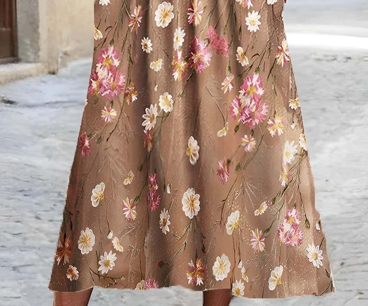 Women’s Flower Print Round Neck Short-Sleeved Pocket Dress