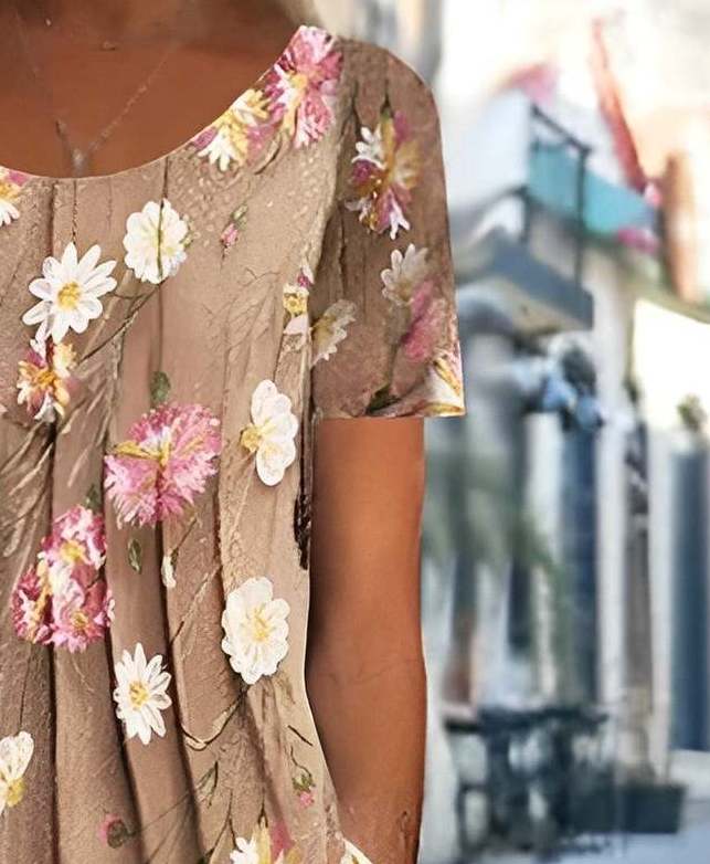 Women’s Flower Print Round Neck Short-Sleeved Pocket Dress