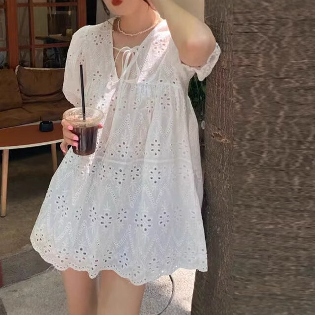 White Hollow Lace Puff Sleeve Top - Effortless Summer Elegance