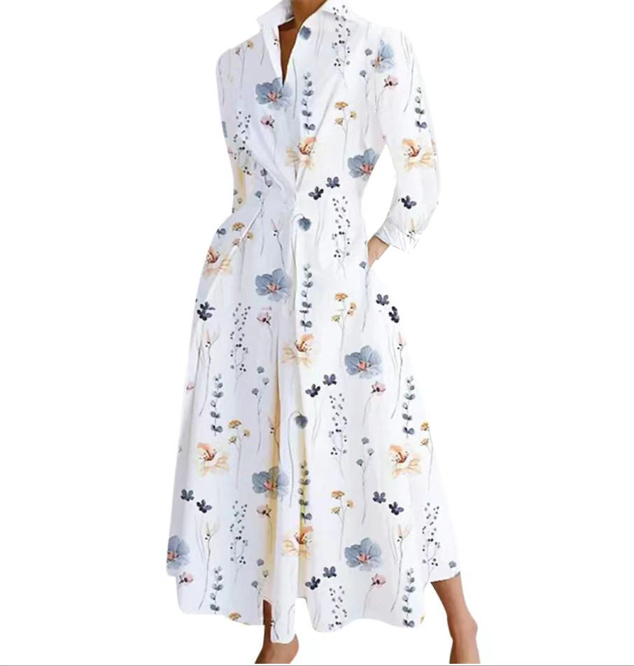 Autumn V-Neck Long Sleeve Printed Dress – Elegant Women's Fall Fashion