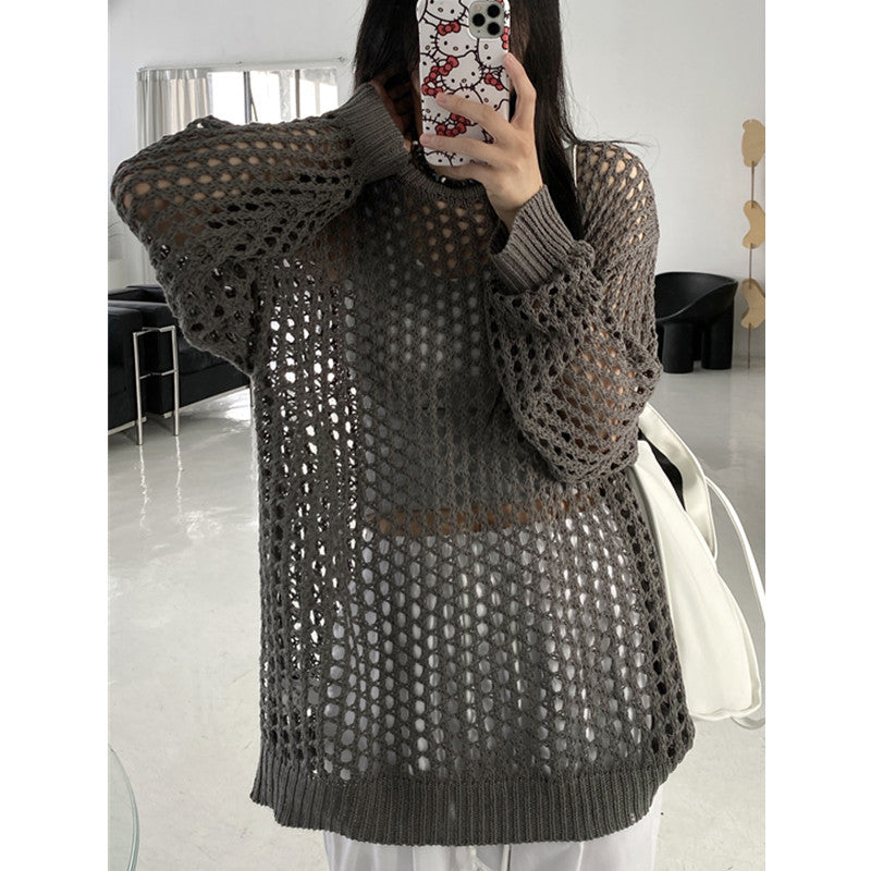 Women's Knitted Hollow Sun Protection Blouse - Lightweight, Loose-Fit, Chic Long-Sleeved Drape Top