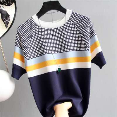 Women's Slim Fit Contrast Color Knit Pullover T-Shirt - Short Sleeve