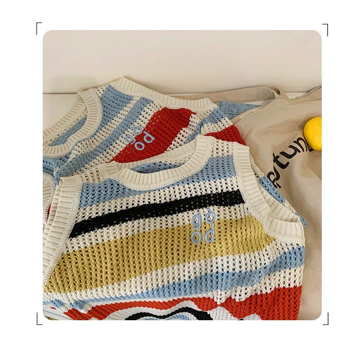 Women's Fashion Dopamine Loose Hollow Striped Knitted Vest - Summer Sleeveless Outerwear