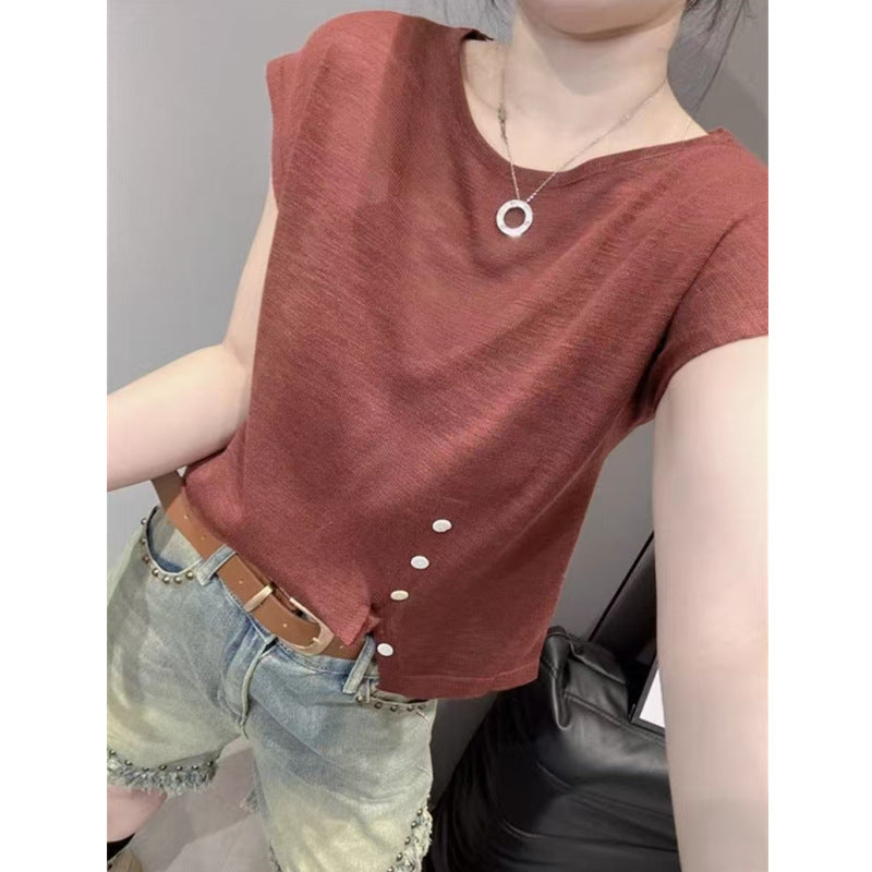 Summer Women's Knitted Short Sleeve Sweater - Loose Fit, Irregular Hem, Chic Round Neck Top