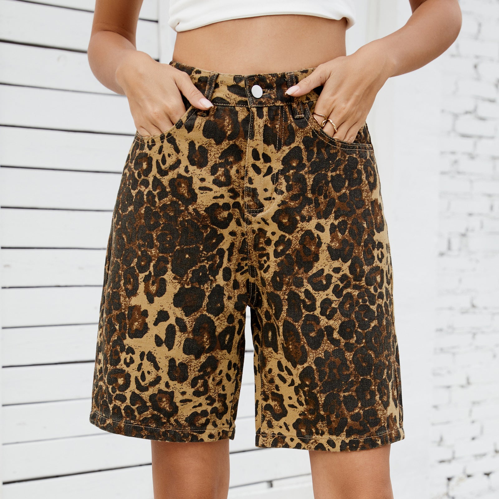 Summer New Washed Casual Retro Leopard Print Slim Denim Shorts for Women