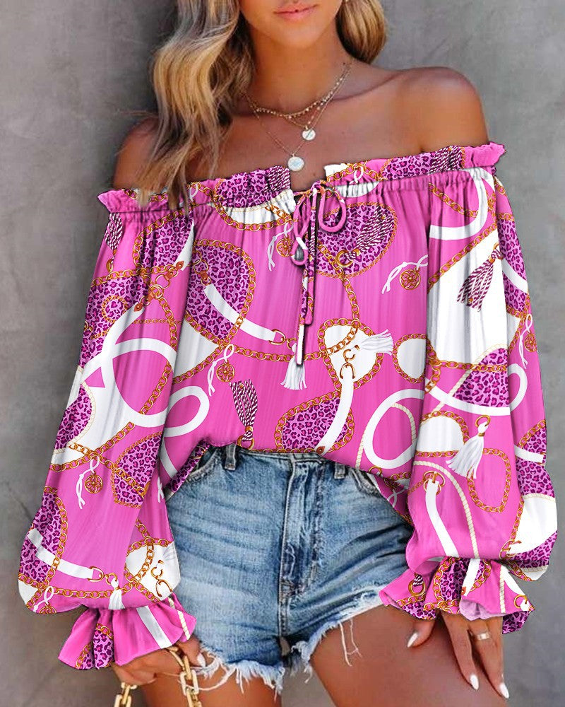 Women's Spring One-Shoulder Lace-Up Top - Long Sleeve Trumpet Sleeve Blouse