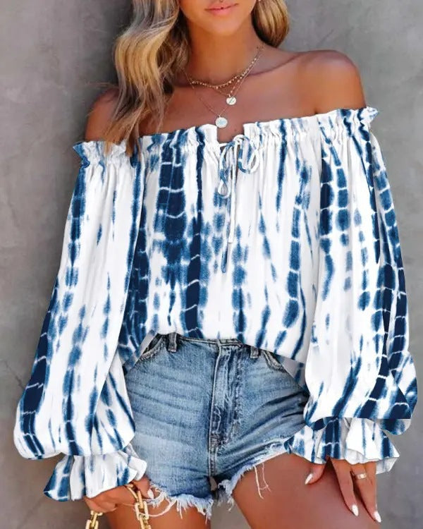 Women's Spring One-Shoulder Lace-Up Top - Long Sleeve Trumpet Sleeve Blouse