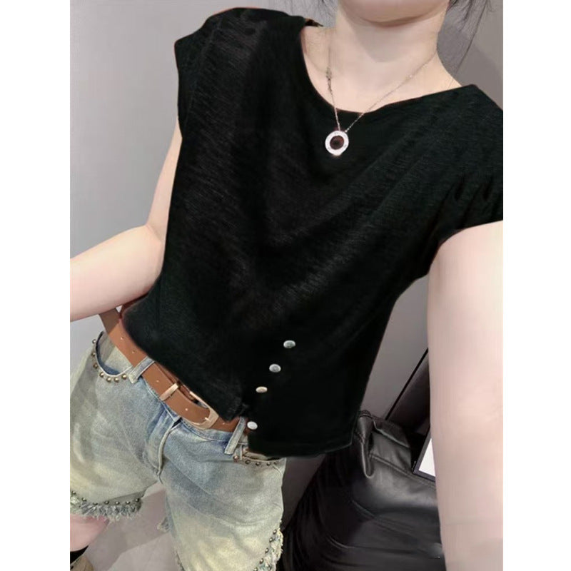 Summer Women's Knitted Short Sleeve Sweater - Loose Fit, Irregular Hem, Chic Round Neck Top