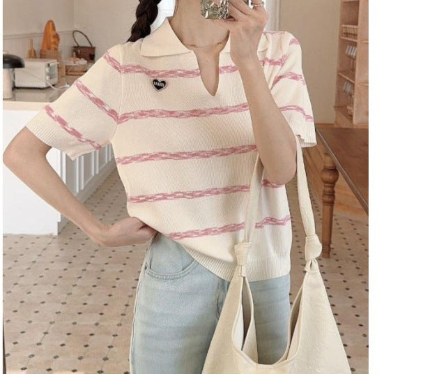 2025 Spring & Summer Women's Lapel Striped Slim Fit Long Sleeve Top - Commuter Chic Edition