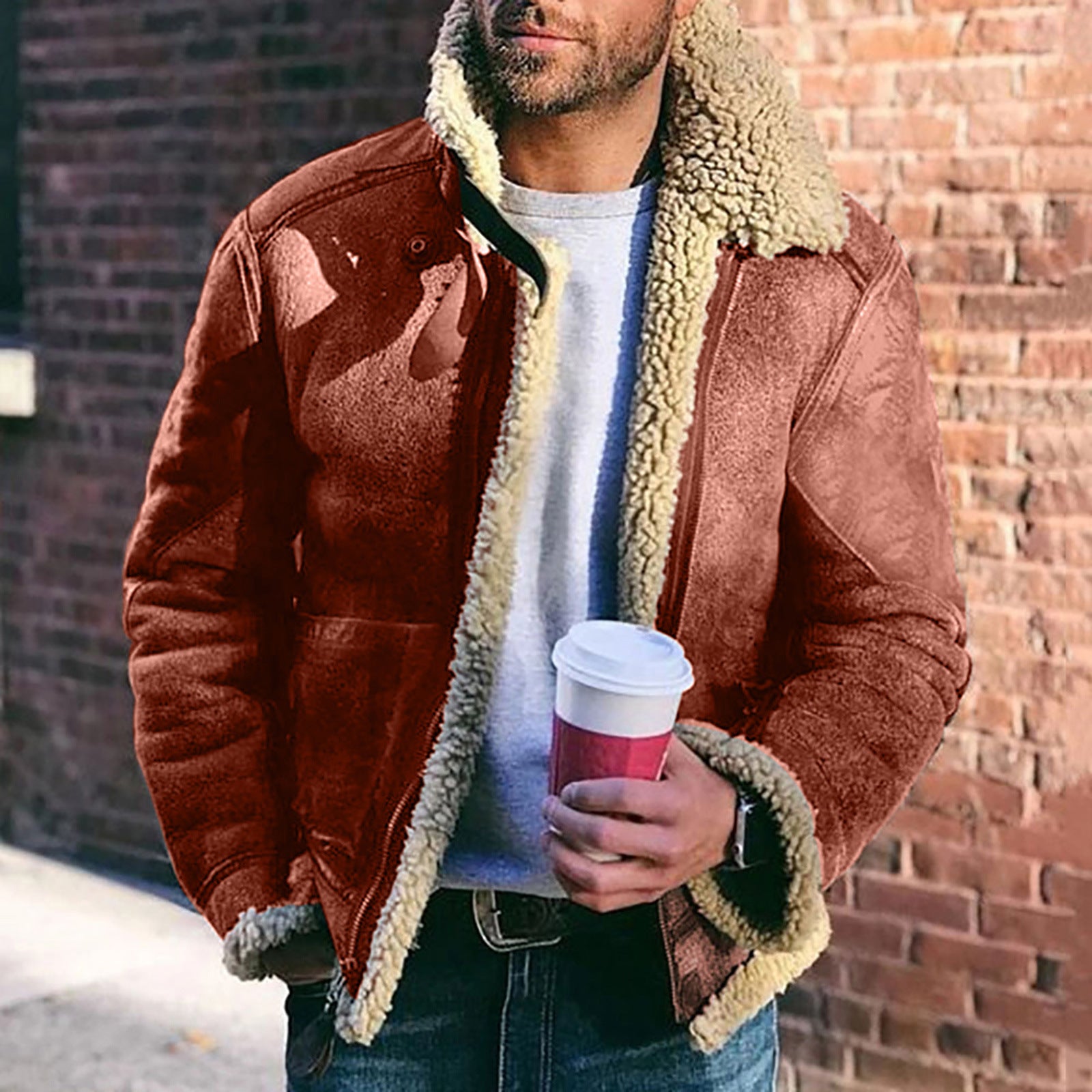 Men’s Belted Imitation Leather Wool Coat