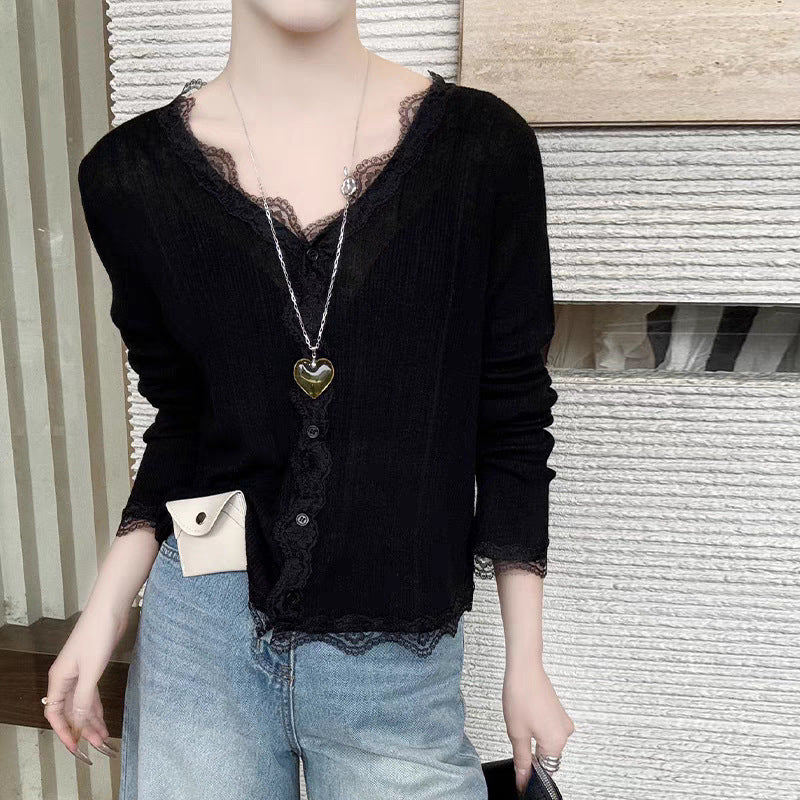 Summer Sweetheart Vibes - Lace-Edged V-Neck Sun Protection Cardigan