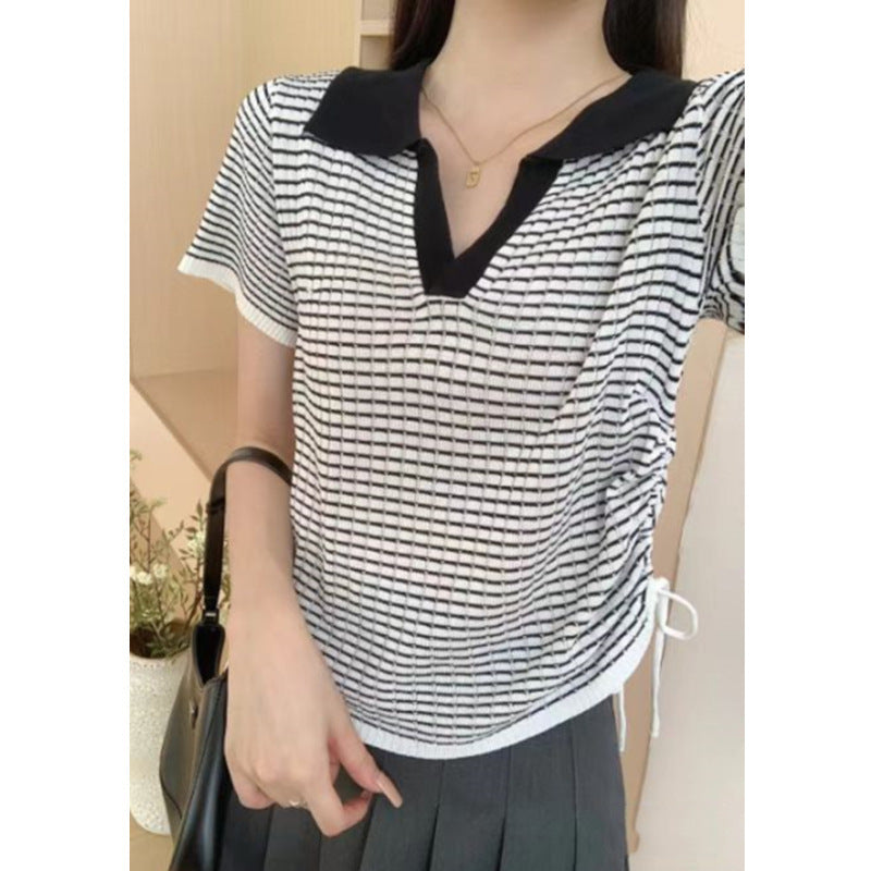 Women's Contrast Color Plaid Polo Collar Drawstring Slim Fit Short Sleeve Top