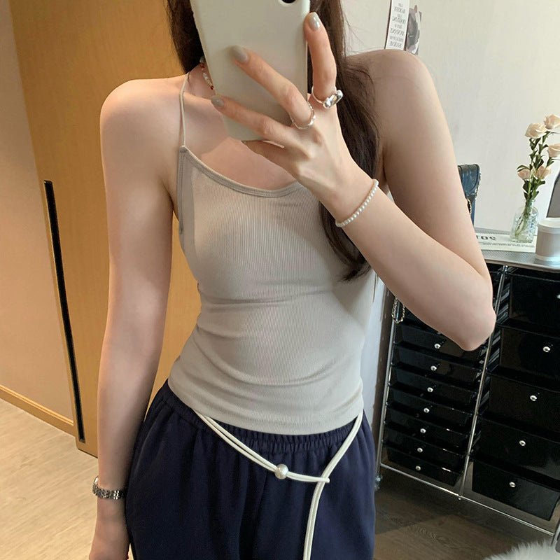 Women's Backless Strappy Camisole with Chest Pads - Slim Fit Sleeveless Summer Crop Top