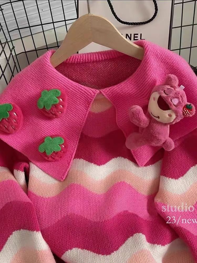 Adorable Strawberry Bear Collar Knit Sweater for Girls