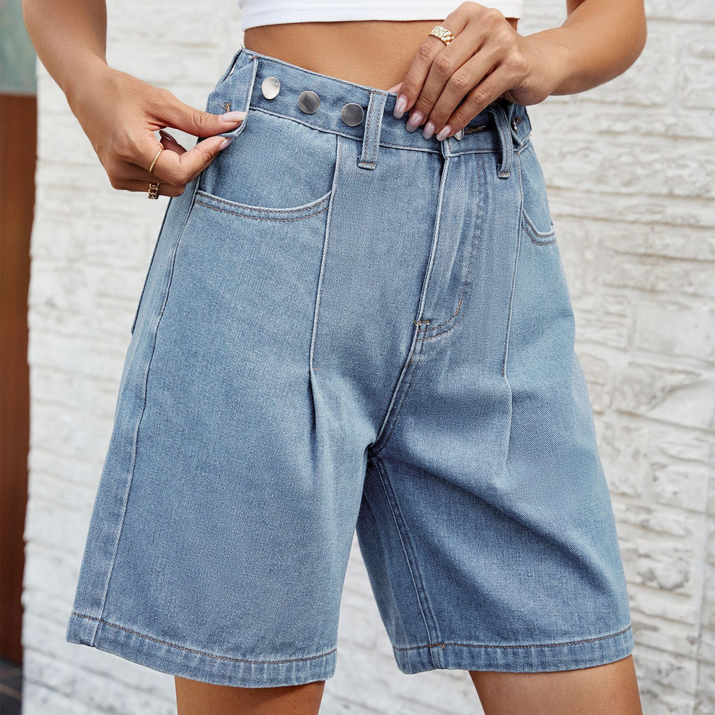 2025 Spring Summer Washed Adjustable Waist Denim Shorts for Women - Casual High-Waist Jean Shorts with Drawstring Fit