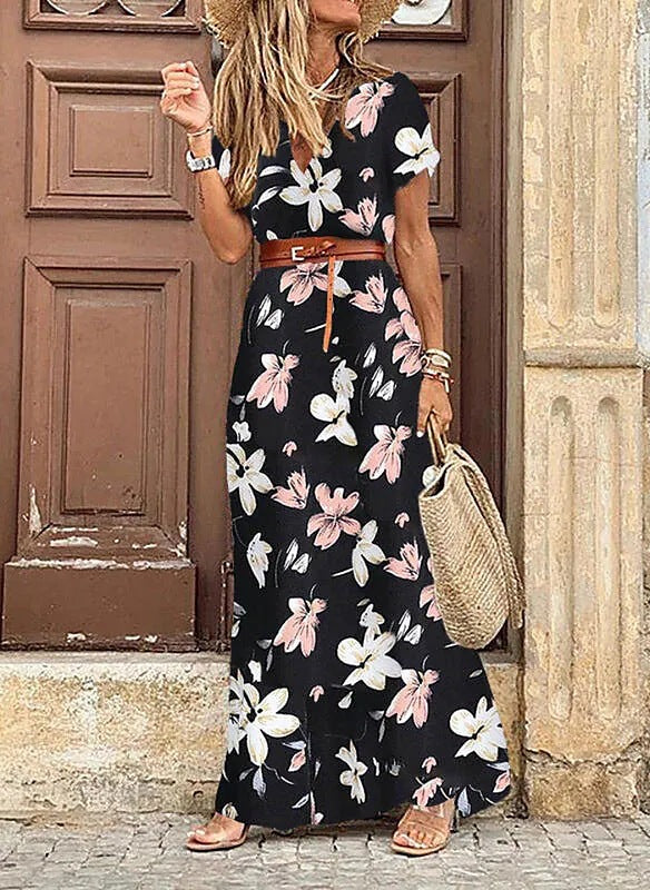 Women's Bohemian V-Neck Floral Maxi Dress – Flowy Summer Beach Sundress with Short Sleeves