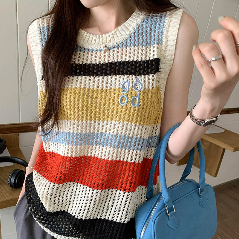 Women's Fashion Dopamine Loose Hollow Striped Knitted Vest - Summer Sleeveless Outerwear