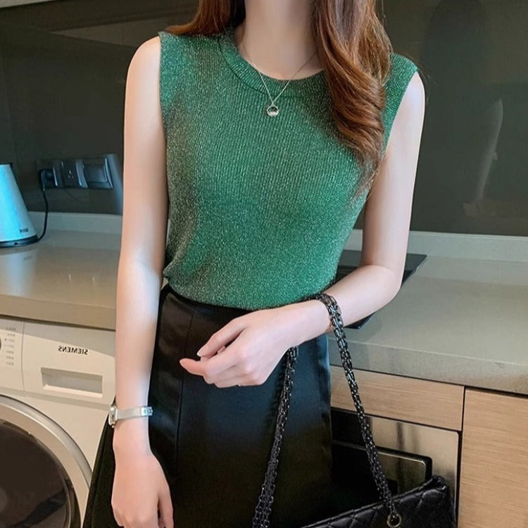 Women's Bright Silk Camisole Vest with Knitted Bottoming Shirt - Sleeveless Summer Essential