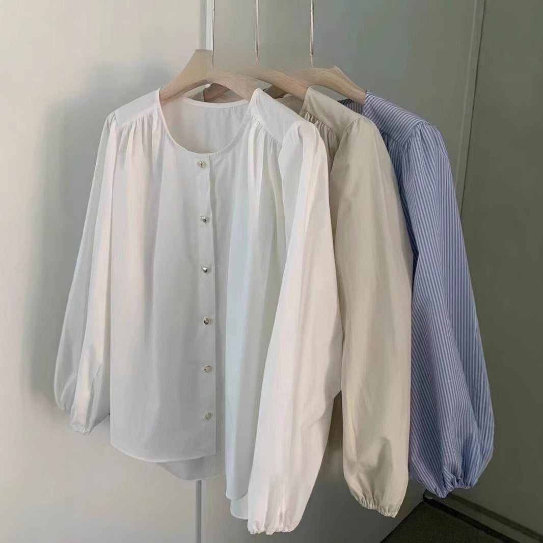 Women's Spring & Summer Niche Design Shirt - Long Sleeve Round Neck Blouse with Love Buttons