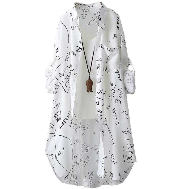 Women's Letter-Printed Mid-Length Shirt - Casual Summer Cardigan & Sun Protection