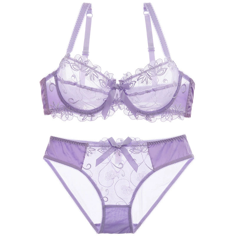 Women Summer Bra Transparent Lace Bra Set Bow Ultra-Thin Breathable Large Size Underwear