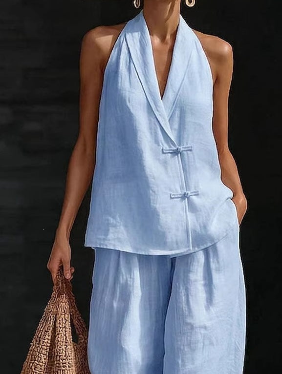 Women's Summer Casual Wide-Leg Pants Two-Piece Outfit Set
