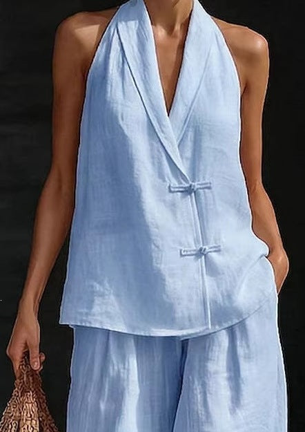Women's Summer Casual Wide-Leg Pants Two-Piece Outfit Set