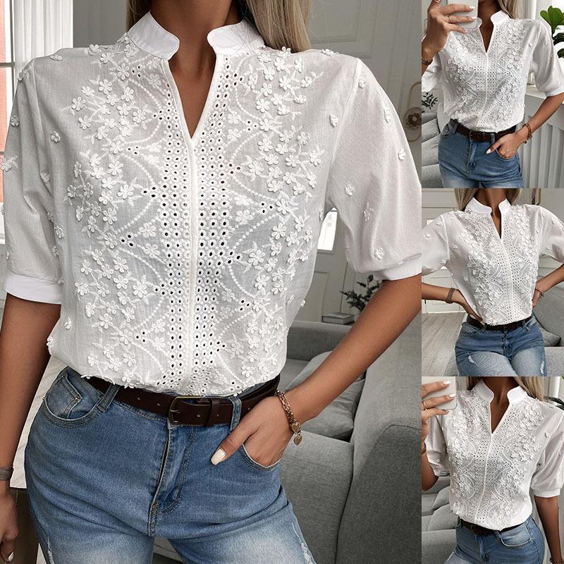 V-Neck Embroidered Lace Blouse - Elegant Stand-Up Collar Women's Shirt