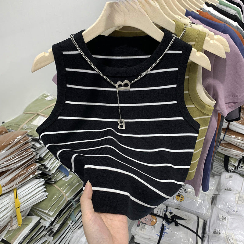Women's Summer Striped Cropped Vest - Slim Fit High-Waist Sleeveless Top