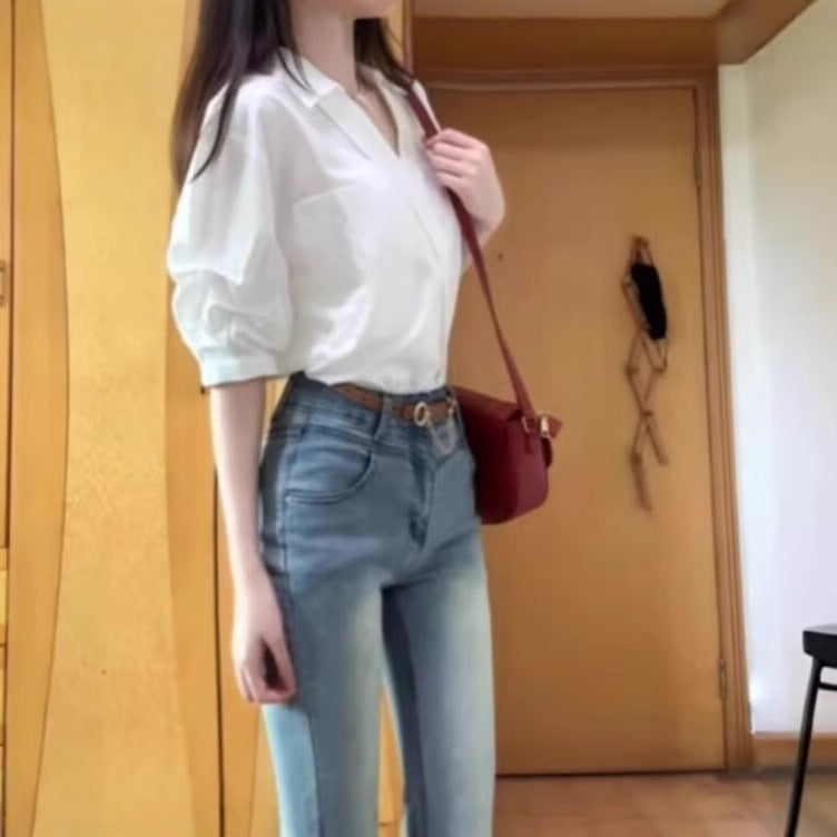 White V-Neck Summer Shirt for Women - Elegant Lapel Top with Niche Design