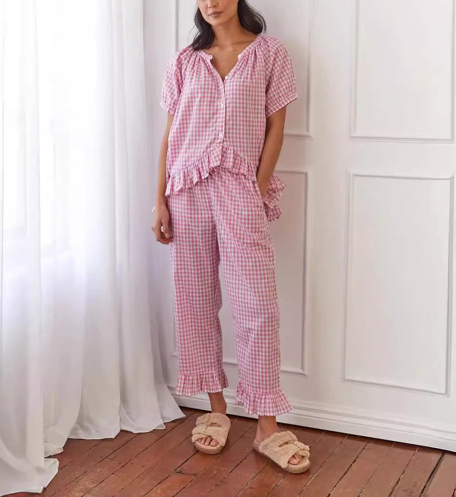 Ruffled Button Short Sleeve Top and Pants Set