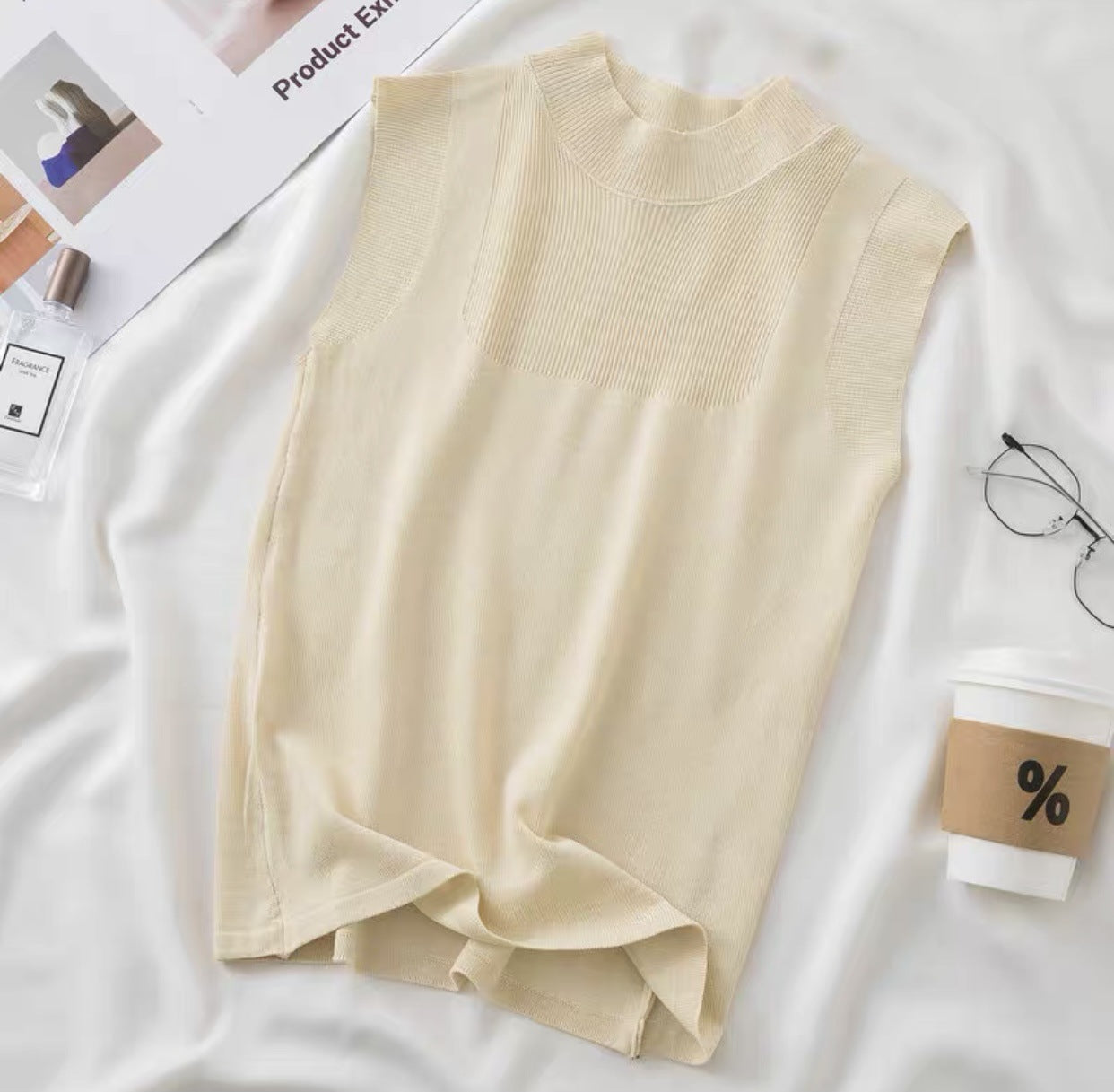 Summer Ice Silk Knit Camisole - Half-High Collar Sleeveless Top for Women