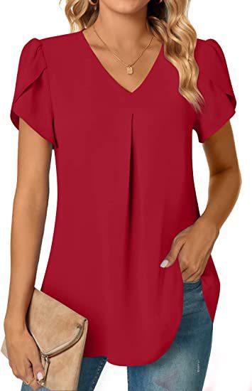 Women's Summer V-Neck Petal Sleeve Blouse - Lightweight Casual Shirt