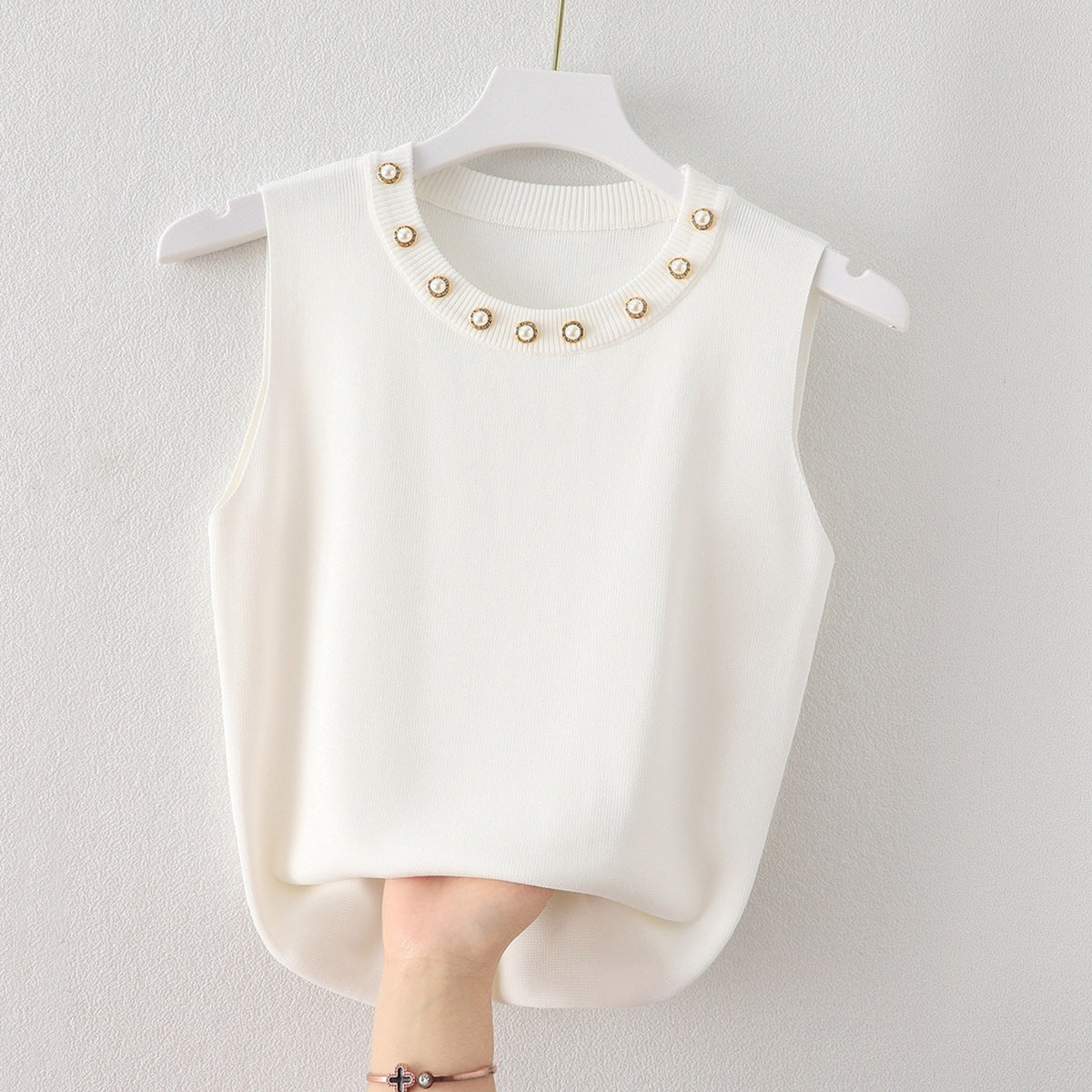 Women's Round Neck Camisole Top with Beaded White Knitted Sleeveless Sweater - Stylish Outerwear T-Shirt