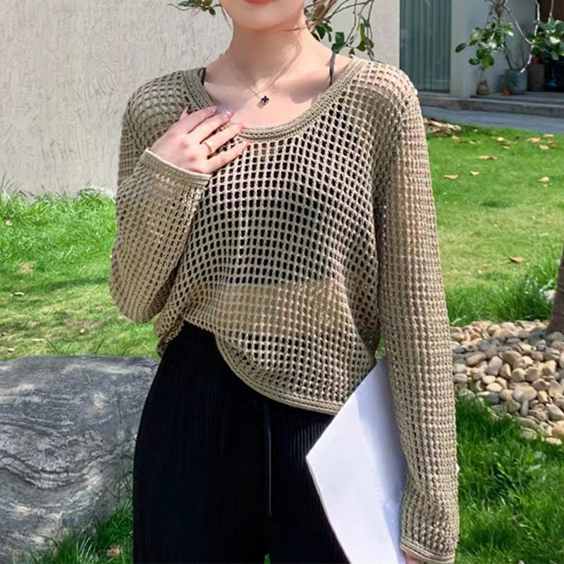 Spring and summer hollow knit sweater women 2025 new thin round neck Top