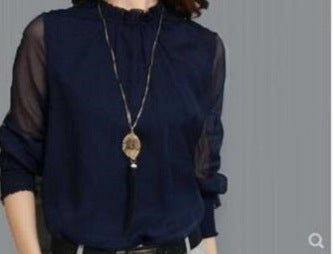 Spring & Autumn Ruffled Bottoming Shirt - Versatile Large Size Top with Small Stand-Up Collar