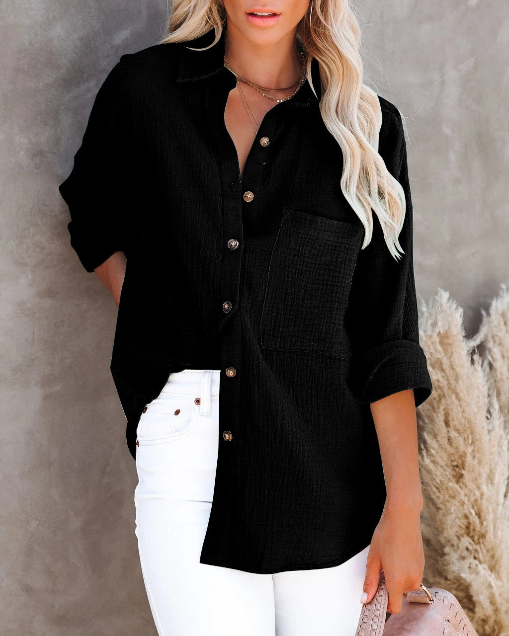 Women's Autumn V-Neck Cotton & Linen Shirt - Long Sleeve, Button-Down, Casual Loose Fit Blouse