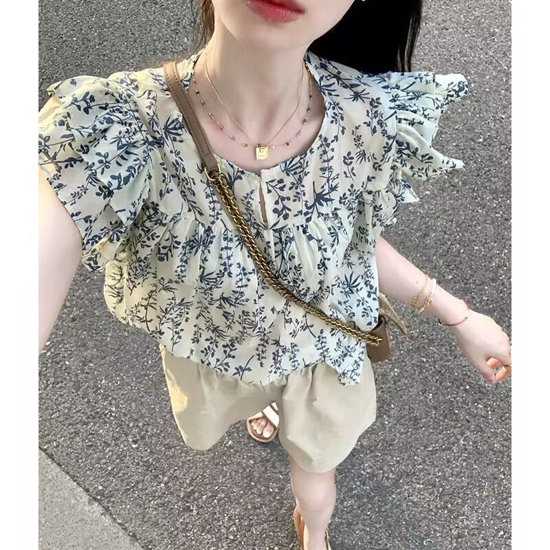 French floral short-sleeved shirt for women in summer with ruffled babydoll shirt, short-sleeved top