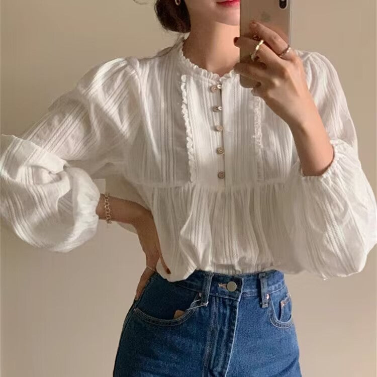 Retro-Inspired Pleated Lace Buttoned Blouse - Sweet Spring Pure Style