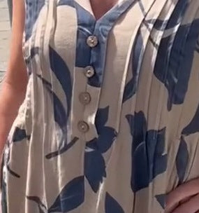 Summer Printed V-Neck Button Front Sleeveless Casual Loose-Fit Dress