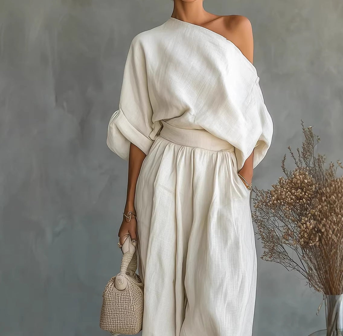 Solid Color Off-Shoulder T-Shirt with Pockets Casual Loose Two-Piece Set